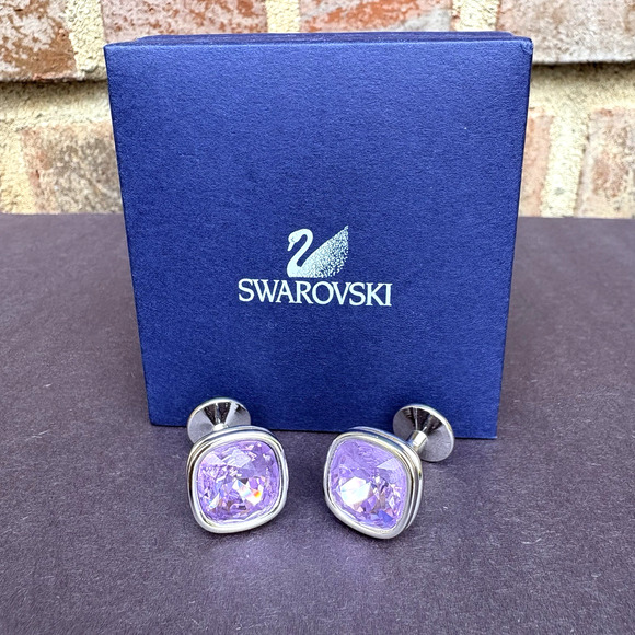Swarovski Purple Crystal Silver Tone Cufflinks Swan Signed w/ Gift Box - Picture 1 of 7
